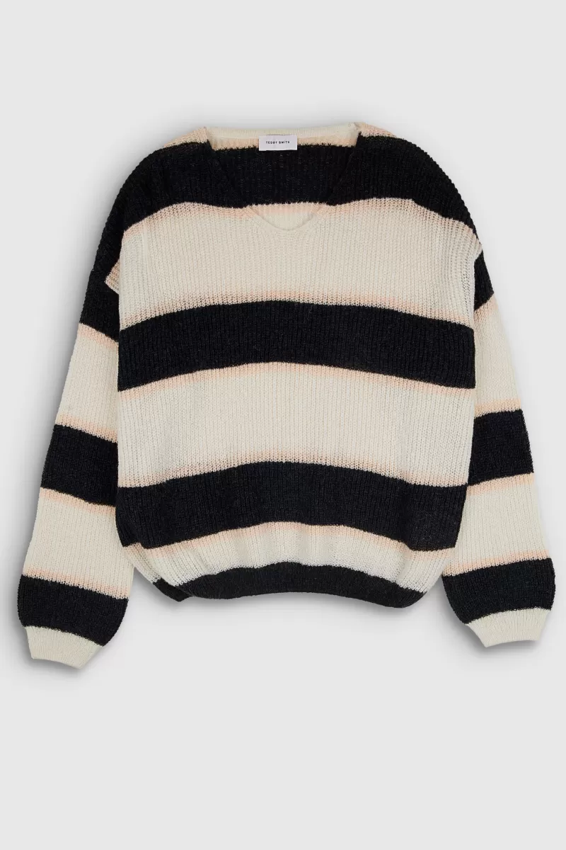 Teddy Smith Sweat<Pull col V rayé P-MAG STRIPES JR MIDDLE WHITE