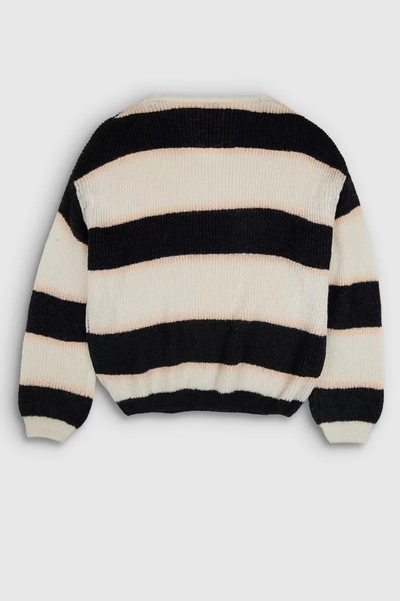 Teddy Smith Sweat<Pull col V rayé P-MAG STRIPES JR MIDDLE WHITE